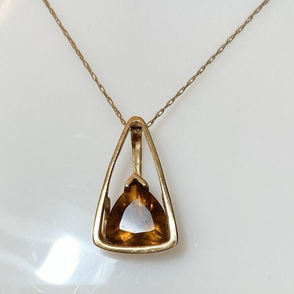 14K Yellow Gold 22” Chain Large Fine Smokey Quartz Trillion Cut Pendant 1” Italy